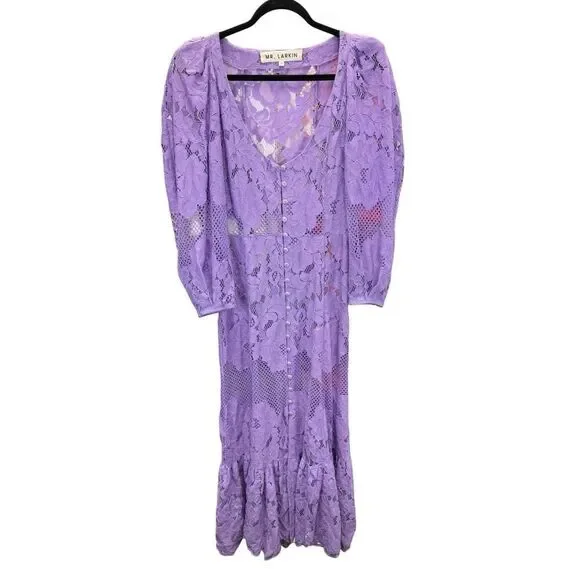 Mr. Larkin Penny Dress Lace Purple Long Sleeve Midi Ruffle Hem Size M
